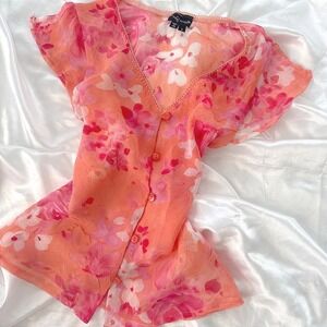 Vintage My Michelle Pink Orange Floral Sheer Button Front Blouse Small 4794-ZB1J